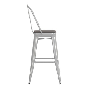 English Elm Kai 30" High Commercial-Grade Metal Bar Stool with Removable Back for Indoor and Outdoor Use Gray Seat/White Frame CH-31320-30GB-WH-PL2G-GG