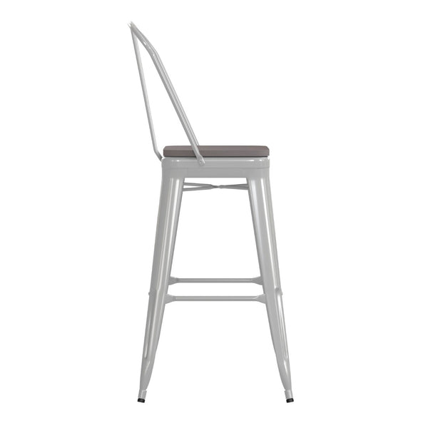 English Elm Kai 30" High Commercial-Grade Metal Bar Stool with Removable Back for Indoor and Outdoor Use Gray Seat/White Frame CH-31320-30GB-WH-PL2G-GG