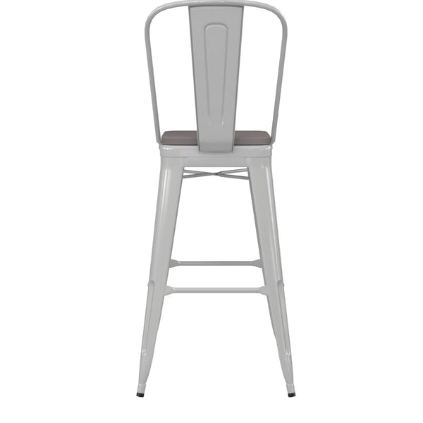 English Elm Kai 30" High Commercial-Grade Metal Bar Stool with Removable Back for Indoor and Outdoor Use Gray Seat/White Frame CH-31320-30GB-WH-PL2G-GG