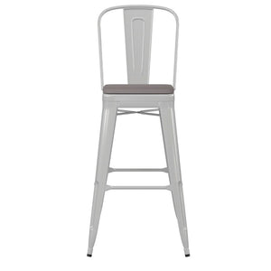 English Elm Kai 30" High Commercial-Grade Metal Bar Stool with Removable Back for Indoor and Outdoor Use Gray Seat/White Frame CH-31320-30GB-WH-PL2G-GG
