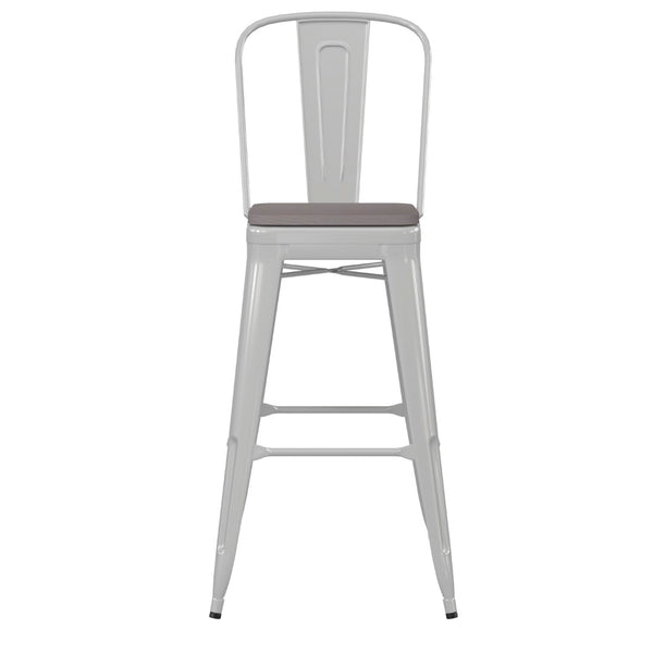 English Elm Kai 30" High Commercial-Grade Metal Bar Stool with Removable Back for Indoor and Outdoor Use Gray Seat/White Frame CH-31320-30GB-WH-PL2G-GG
