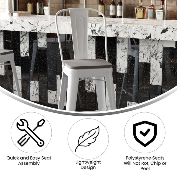 English Elm Kai 30" High Commercial-Grade Metal Bar Stool with Removable Back for Indoor and Outdoor Use Gray Seat/White Frame CH-31320-30GB-WH-PL2G-GG