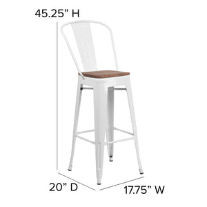 English Elm Lily 30" High Metal Barstool with Back and Wood Seat for Stylish Dining and Comfortable Support White CH-31320-30GB-WH-WD-GG