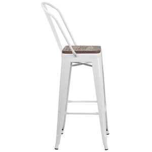 English Elm Lily 30" High Metal Barstool with Back and Wood Seat for Stylish Dining and Comfortable Support White CH-31320-30GB-WH-WD-GG