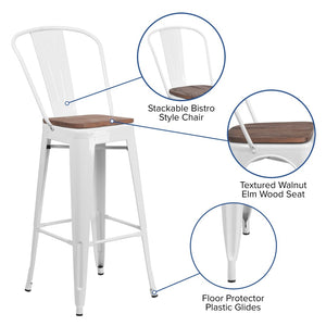 English Elm Lily 30" High Metal Barstool with Back and Wood Seat for Stylish Dining and Comfortable Support White CH-31320-30GB-WH-WD-GG