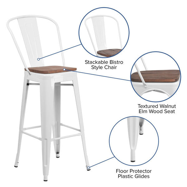 English Elm Lily 30" High Metal Barstool with Back and Wood Seat for Stylish Dining and Comfortable Support White CH-31320-30GB-WH-WD-GG