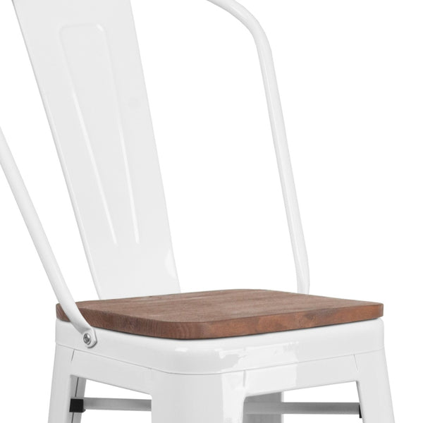 English Elm Lily 30" High Metal Barstool with Back and Wood Seat for Stylish Dining and Comfortable Support White CH-31320-30GB-WH-WD-GG