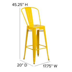 English Elm Kai 30" High Commercial-Grade Metal Bar Stool with Removable Back for Indoor and Outdoor Use Teak Seat/Yellow Frame CH-31320-30GB-YL-PL2T-GG