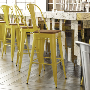 English Elm Kai 30" High Commercial-Grade Metal Bar Stool with Removable Back for Indoor and Outdoor Use Teak Seat/Yellow Frame CH-31320-30GB-YL-PL2T-GG