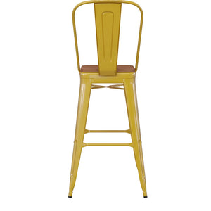 English Elm Kai 30" High Commercial-Grade Metal Bar Stool with Removable Back for Indoor and Outdoor Use Teak Seat/Yellow Frame CH-31320-30GB-YL-PL2T-GG