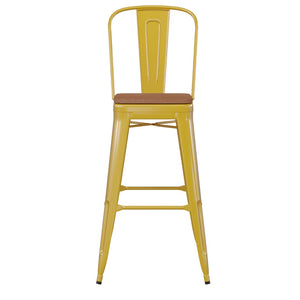 English Elm Kai 30" High Commercial-Grade Metal Bar Stool with Removable Back for Indoor and Outdoor Use Teak Seat/Yellow Frame CH-31320-30GB-YL-PL2T-GG