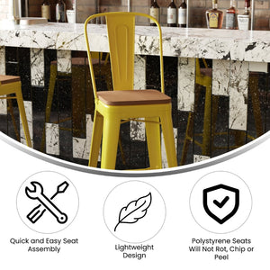 English Elm Kai 30" High Commercial-Grade Metal Bar Stool with Removable Back for Indoor and Outdoor Use Teak Seat/Yellow Frame CH-31320-30GB-YL-PL2T-GG