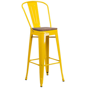 English Elm Lily 30" High Metal Barstool with Back and Wood Seat for Stylish Dining and Comfortable Support Yellow CH-31320-30GB-YL-WD-GG