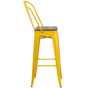 English Elm Lily 30" High Metal Barstool with Back and Wood Seat for Stylish Dining and Comfortable Support Yellow CH-31320-30GB-YL-WD-GG