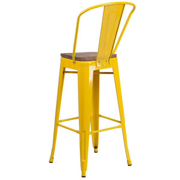 English Elm Lily 30" High Metal Barstool with Back and Wood Seat for Stylish Dining and Comfortable Support Yellow CH-31320-30GB-YL-WD-GG