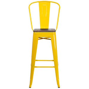 English Elm Lily 30" High Metal Barstool with Back and Wood Seat for Stylish Dining and Comfortable Support Yellow CH-31320-30GB-YL-WD-GG