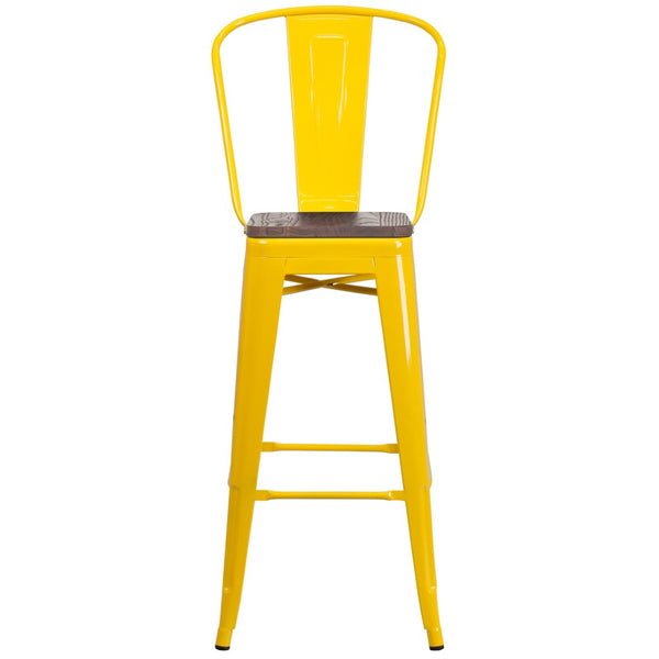 English Elm Lily 30" High Metal Barstool with Back and Wood Seat for Stylish Dining and Comfortable Support Yellow CH-31320-30GB-YL-WD-GG