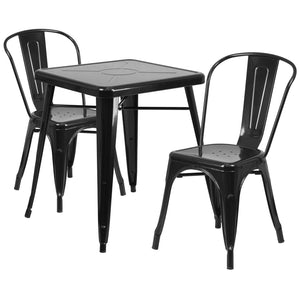 English Elm Owen Commercial Grade 3-Piece Metal Table Set with Stackable Bistro Chairs for Indoor-Outdoor Use Black 23.75" Square CH-31330-2-30-BK-GG