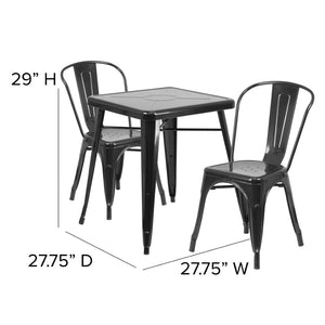English Elm Owen Commercial Grade 3-Piece Metal Table Set with Stackable Bistro Chairs for Indoor-Outdoor Use Black 23.75" Square CH-31330-2-30-BK-GG