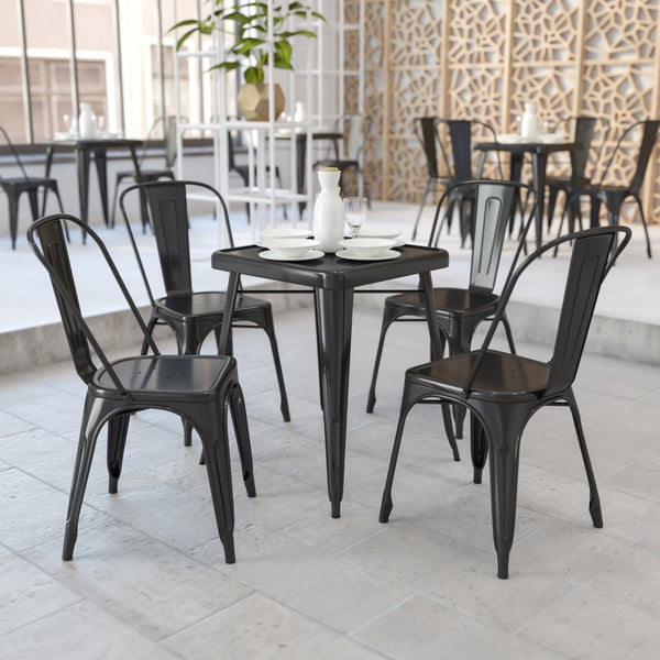 English Elm Owen Commercial Grade 3-Piece Metal Table Set with Stackable Bistro Chairs for Indoor-Outdoor Use Black 23.75" Square CH-31330-2-30-BK-GG