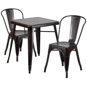 English Elm Owen Commercial Grade 3-Piece Metal Table Set with Stackable Bistro Chairs for Indoor-Outdoor Use Black-Antique Gold 23.75" Square CH-31330-2-30-BQ-GG