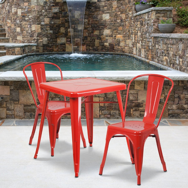 English Elm Owen Commercial Grade 3-Piece Metal Table Set with Stackable Bistro Chairs for Indoor-Outdoor Use Red 23.75" Square CH-31330-2-30-RED-GG