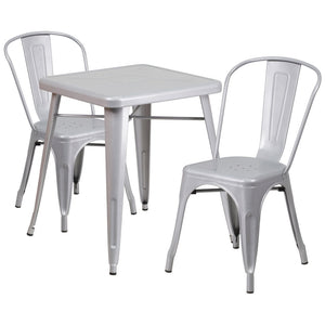 English Elm Owen Commercial Grade 3-Piece Metal Table Set with Stackable Bistro Chairs for Indoor-Outdoor Use Silver 23.75" Square CH-31330-2-30-SIL-GG