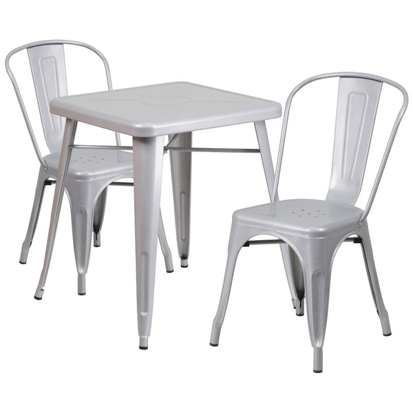 English Elm Owen Commercial Grade 3-Piece Metal Table Set with Stackable Bistro Chairs for Indoor-Outdoor Use Silver 23.75" Square CH-31330-2-30-SIL-GG