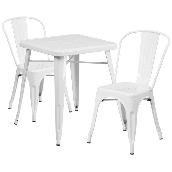 English Elm Owen Commercial Grade 3-Piece Metal Table Set with Stackable Bistro Chairs for Indoor-Outdoor Use White 23.75" Square CH-31330-2-30-WH-GG