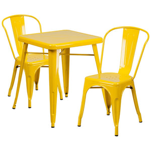 English Elm Owen Commercial Grade 3-Piece Metal Table Set with Stackable Bistro Chairs for Indoor-Outdoor Use Yellow 23.75" Square CH-31330-2-30-YL-GG
