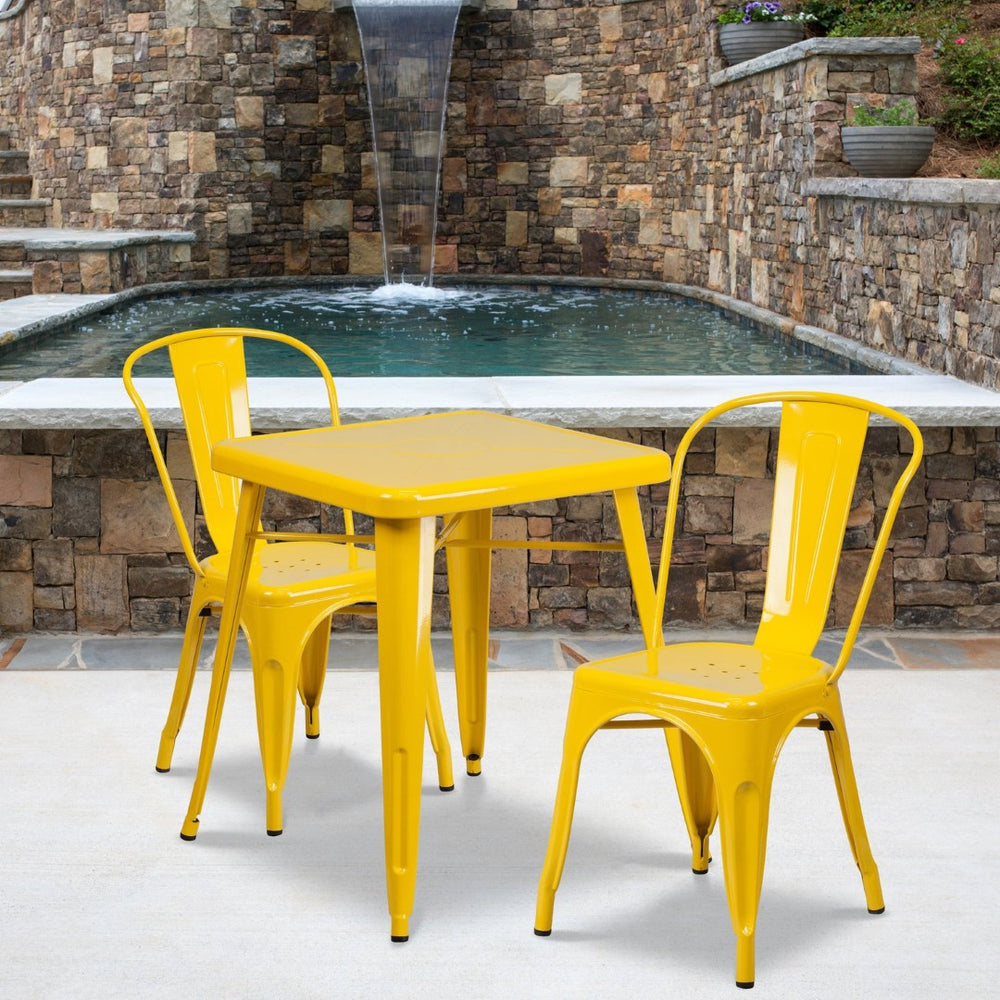 English Elm Owen Commercial Grade 3-Piece Metal Table Set with Stackable Bistro Chairs for Indoor-Outdoor Use Yellow 23.75" Square CH-31330-2-30-YL-GG