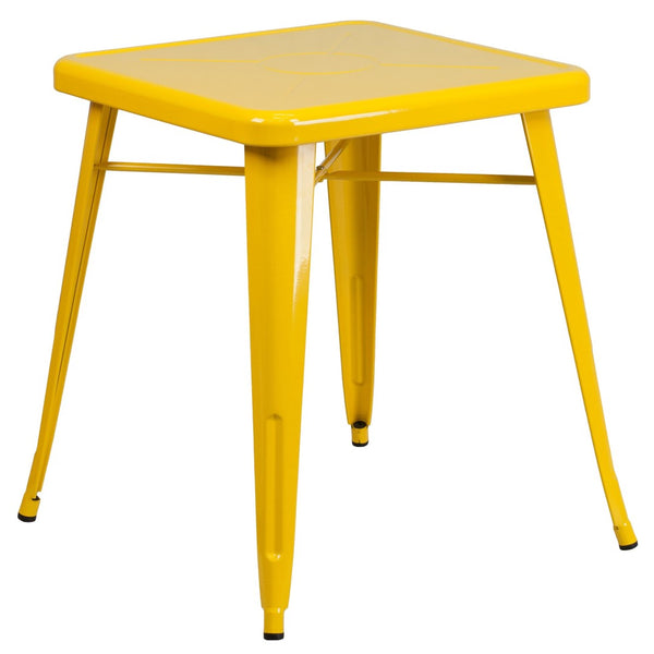 English Elm Owen Commercial Grade 3-Piece Metal Table Set with Stackable Bistro Chairs for Indoor-Outdoor Use Yellow 23.75" Square CH-31330-2-30-YL-GG