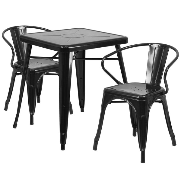 English Elm Owen Commercial Grade Metal Indoor-Outdoor Table Set with 2 Stackable Arm Chairs for Stylish Dining Black 23.75" Square CH-31330-2-70-BK-GG