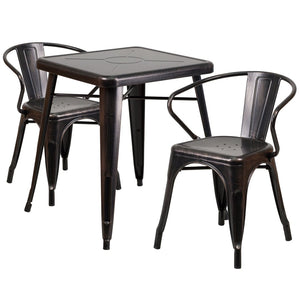 English Elm Owen Commercial Grade Metal Indoor-Outdoor Table Set with 2 Stackable Arm Chairs for Stylish Dining Black-Antique Gold 23.75" Square CH-31330-2-70-BQ-GG