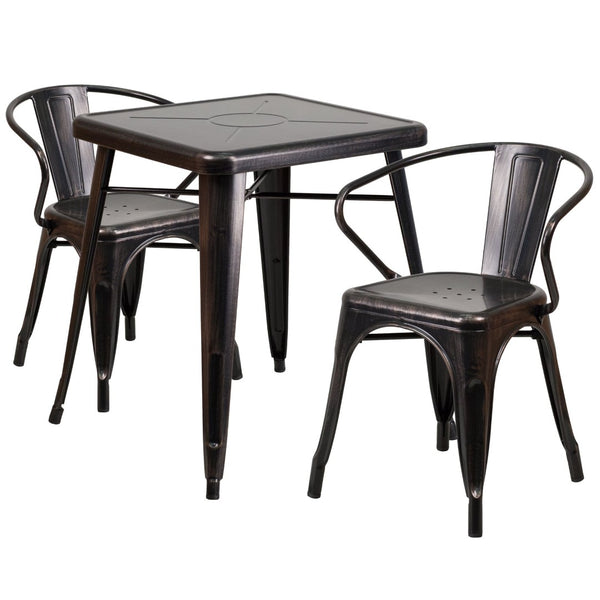English Elm Owen Commercial Grade Metal Indoor-Outdoor Table Set with 2 Stackable Arm Chairs for Stylish Dining Black-Antique Gold 23.75" Square CH-31330-2-70-BQ-GG