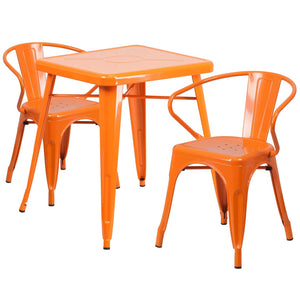 English Elm Owen Commercial Grade Metal Indoor-Outdoor Table Set with 2 Stackable Arm Chairs for Stylish Dining Orange 23.75" Square CH-31330-2-70-OR-GG
