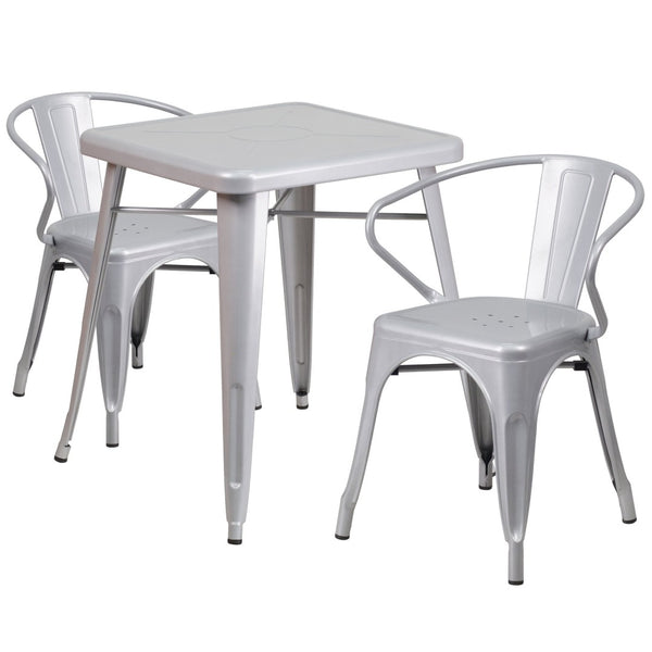 English Elm Owen Commercial Grade Metal Indoor-Outdoor Table Set with 2 Stackable Arm Chairs for Stylish Dining Silver 23.75" Square CH-31330-2-70-SIL-GG