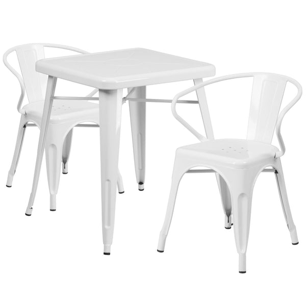 English Elm Owen Commercial Grade Metal Indoor-Outdoor Table Set with 2 Stackable Arm Chairs for Stylish Dining White 23.75" Square CH-31330-2-70-WH-GG