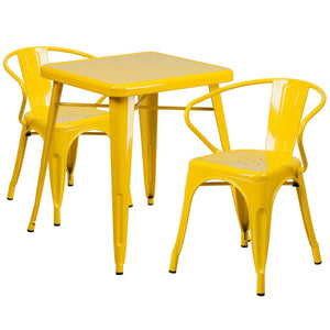 English Elm Owen Commercial Grade Metal Indoor-Outdoor Table Set with 2 Stackable Arm Chairs for Stylish Dining Yellow 23.75" Square CH-31330-2-70-YL-GG