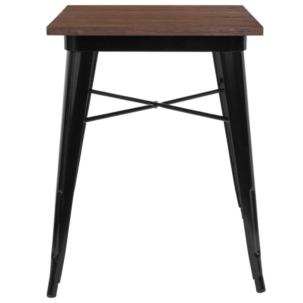 English Elm Prince 23.5" Square Black Metal Table with Rustic Walnut Top - Perfect for Bistro or Home Use CH-31330-29M1-BK-GG