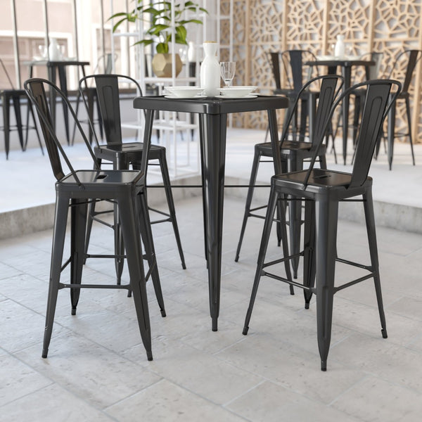 English Elm Gable Commercial Grade Metal Bar Table Set with Two Ergonomic Stools for Indoor-Outdoor Use Black 23.75" Square CH-31330B-2-30GB-BK-GG