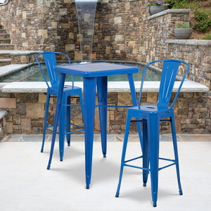 English Elm Gable Commercial Grade Metal Bar Table Set with Two Ergonomic Stools for Indoor-Outdoor Use Blue 23.75" Square CH-31330B-2-30GB-BL-GG