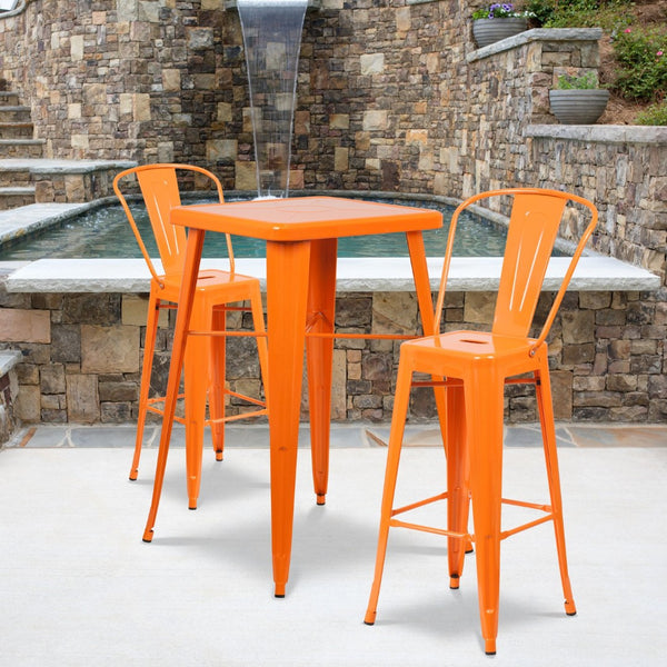 English Elm Gable Commercial Grade Metal Bar Table Set with Two Ergonomic Stools for Indoor-Outdoor Use Orange 23.75" Square CH-31330B-2-30GB-OR-GG
