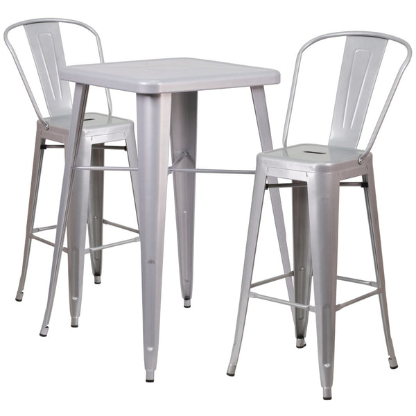 English Elm Gable Commercial Grade Metal Bar Table Set with Two Ergonomic Stools for Indoor-Outdoor Use Silver 23.75" Square CH-31330B-2-30GB-SIL-GG