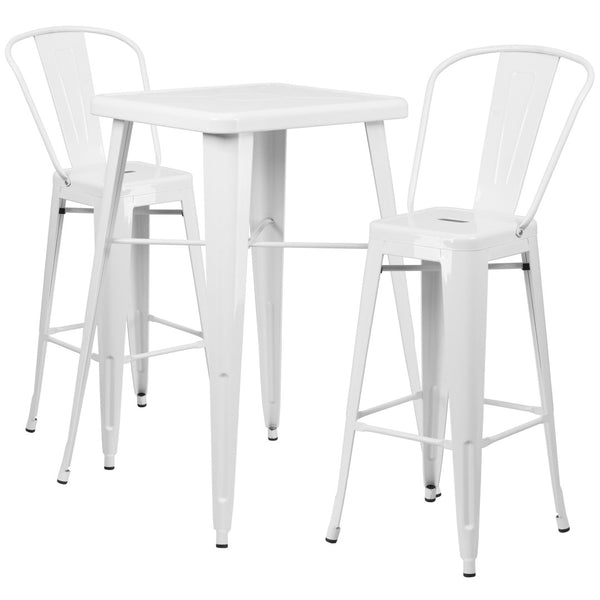 English Elm Gable Commercial Grade Metal Bar Table Set with Two Ergonomic Stools for Indoor-Outdoor Use White 23.75" Square CH-31330B-2-30GB-WH-GG