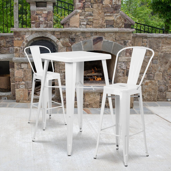 English Elm Gable Commercial Grade Metal Bar Table Set with Two Ergonomic Stools for Indoor-Outdoor Use White 23.75" Square CH-31330B-2-30GB-WH-GG