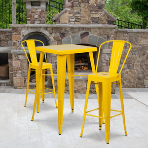 English Elm Gable Commercial Grade Metal Bar Table Set with Two Ergonomic Stools for Indoor-Outdoor Use Yellow 23.75" Square CH-31330B-2-30GB-YL-GG