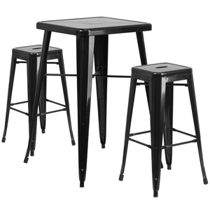 English Elm Stone Commercial Grade Indoor-Outdoor Bar Table Set with Stackable Backless Stools for Versatile Spaces Black 23.75" Square CH-31330B-2-30SQ-BK-GG