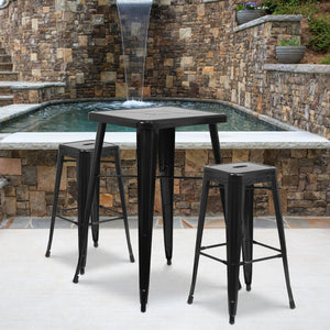 English Elm Stone Commercial Grade Indoor-Outdoor Bar Table Set with Stackable Backless Stools for Versatile Spaces Black 23.75" Square CH-31330B-2-30SQ-BK-GG