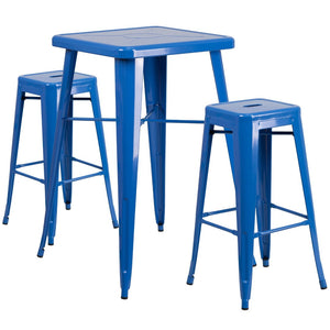 English Elm Stone Commercial Grade Indoor-Outdoor Bar Table Set with Stackable Backless Stools for Versatile Spaces Blue 23.75" Square CH-31330B-2-30SQ-BL-GG